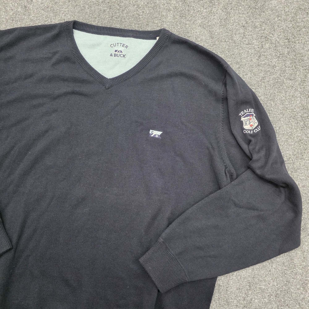 Cutter & Buck Mens XL V-Neck Sweater Navy Blue Tralee Golf Club Ireland Logo